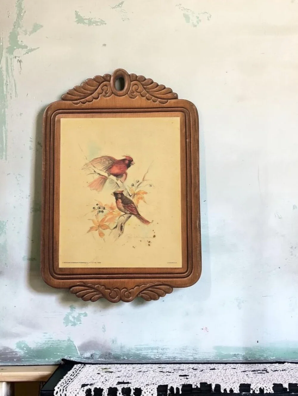 Paul Whitney Hunter Vintage lithograph print small carved wood frame Cardinals